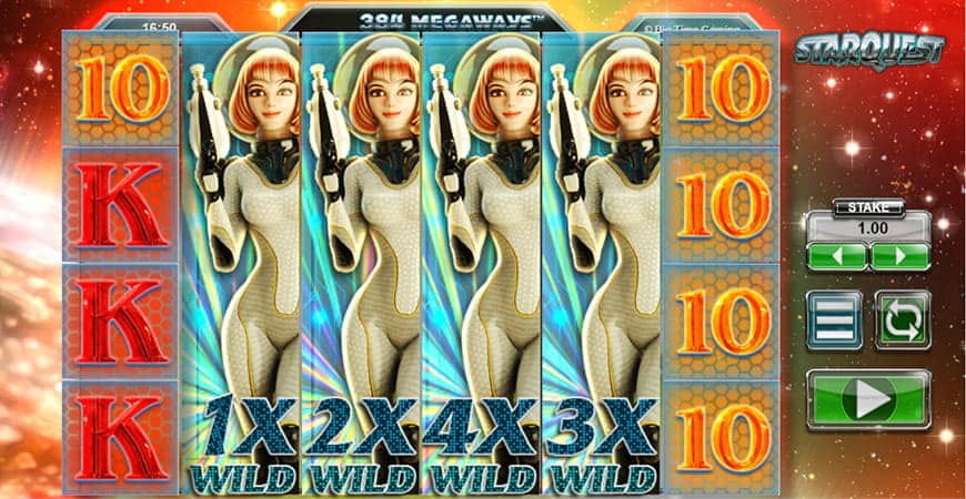 Die Bonusrunde von Starquest mit vier Full Wild Symbolen der Weltraum Amazone. 