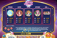 Die Auszahlungstablle des Moon Princess Spielautomaten. 