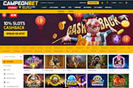 Die Startseite des Campeonbet Casinos mit der enormen Spielauswahl und den Herstellern. 